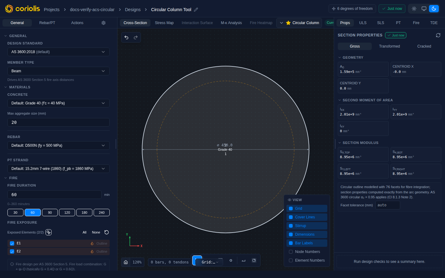 Solid circular section with ⌀ diameter annotation. Click the label to edit the diameter directly on the canvas.