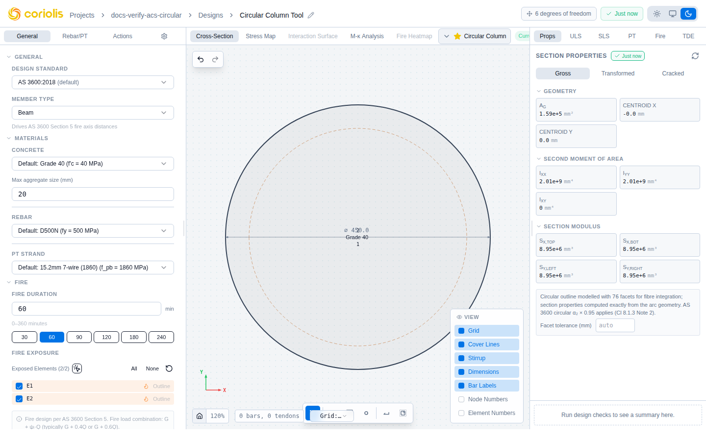 Solid circular section with ⌀ diameter annotation. Click the label to edit the diameter directly on the canvas.