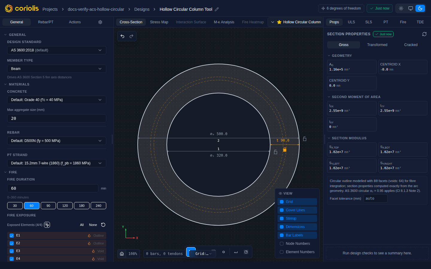 Hollow circular section showing linked ⌀ₒ, ⌀ᵢ, and t annotations with padlock controls.
