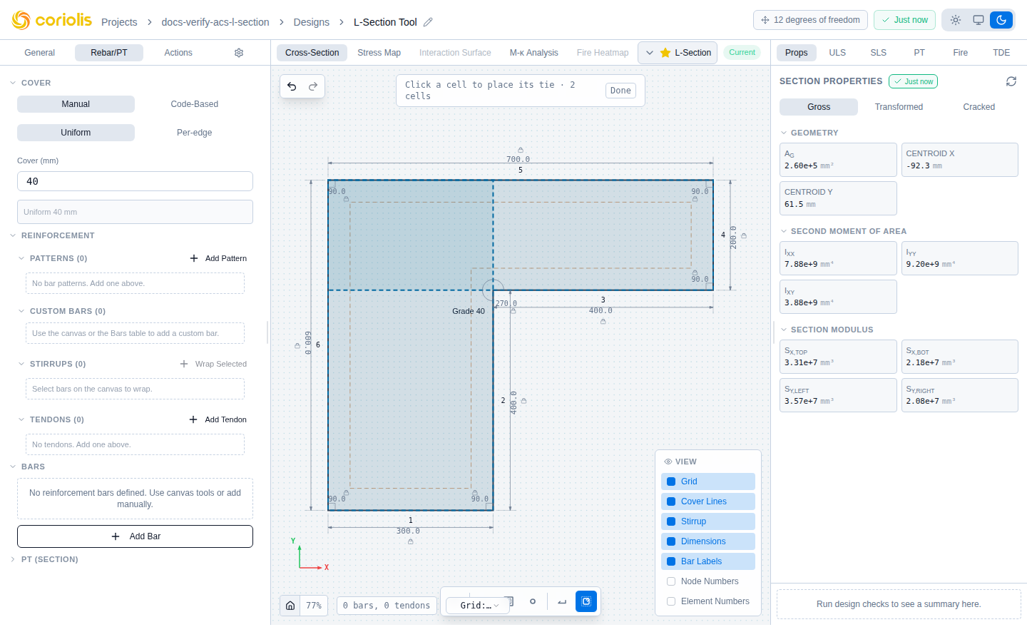 An L-section decomposed into two convex cells while the Cell Tie tool is active. Each cell is shaded separately, and the banner reports the cell count; pattern dialogs can target one cell or distribute bars across both.