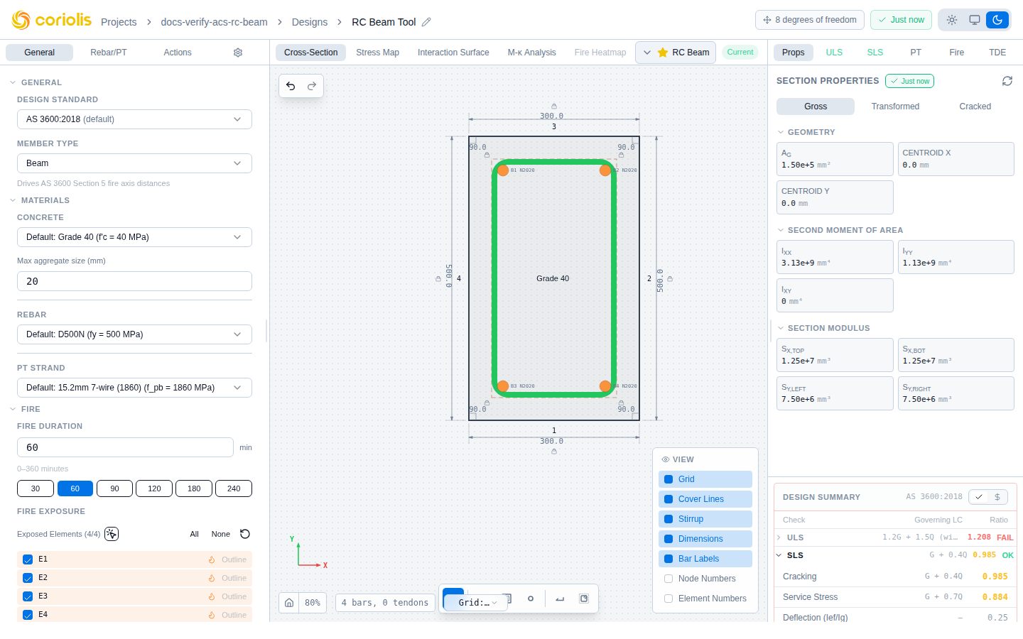 ACS Design Summary panel with the SLS group expanded — per-check results for the governing serviceability combination, beside the ULS Category Rollup.