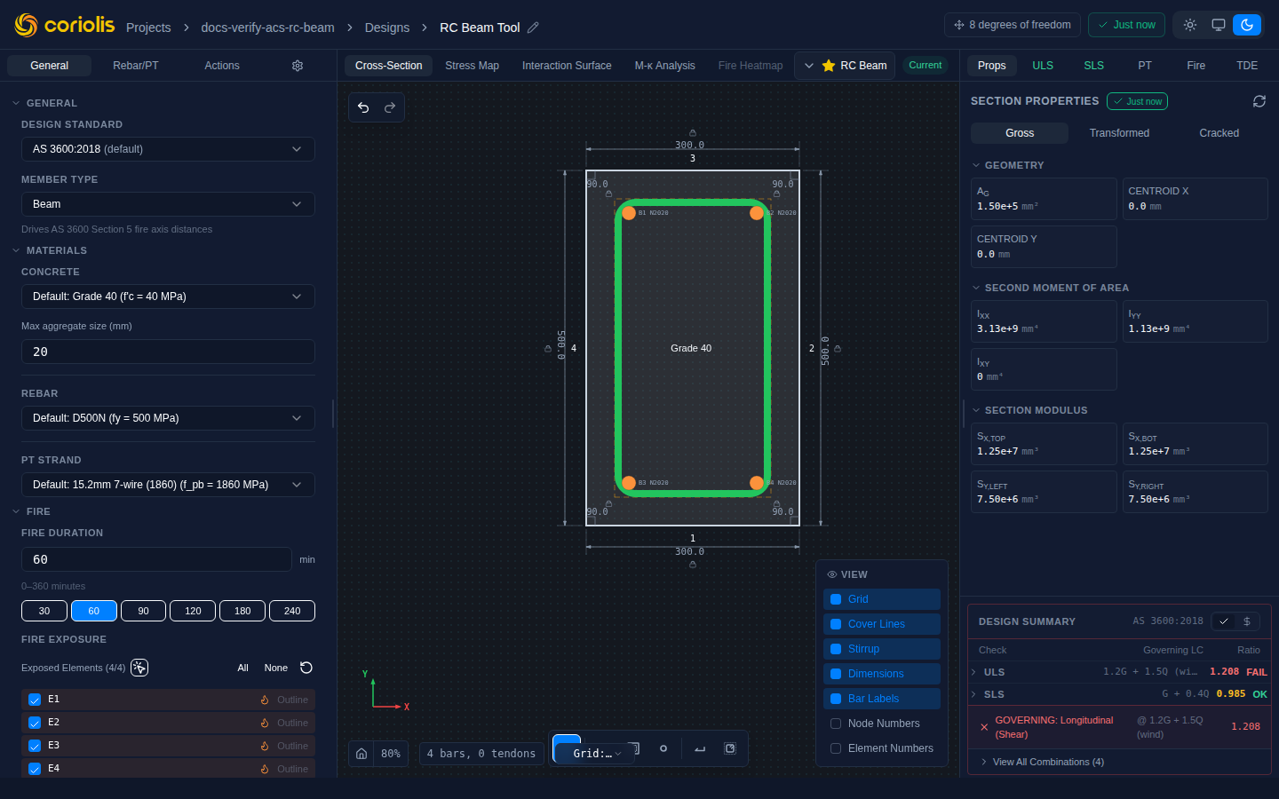ACS concrete section designer — geometry, reinforcement, and results panels