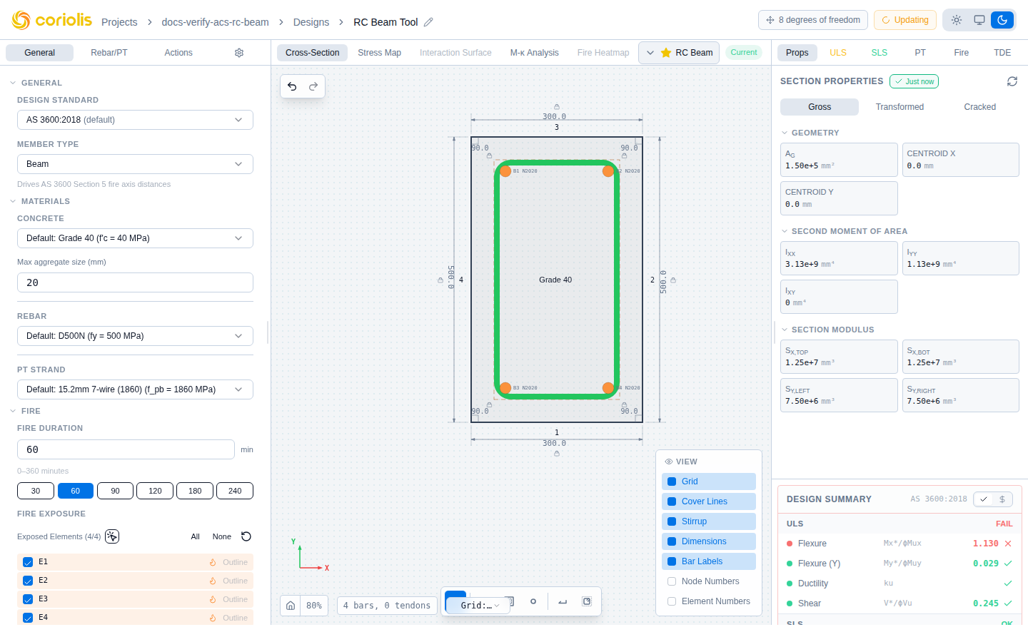 ACS concrete section designer — geometry, reinforcement, and results panels