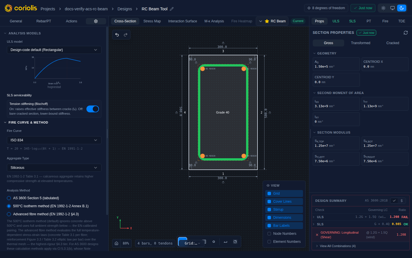 The Settings tab's Fire Curve & Method section — fire curve, aggregate type and analysis method, with the adaptive mesh-refinement controls below. The fire duration and exposed faces are set on the General tab.