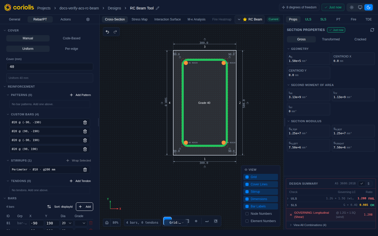 Section editor showing reinforcement layout used as input to the N-M interaction analysis