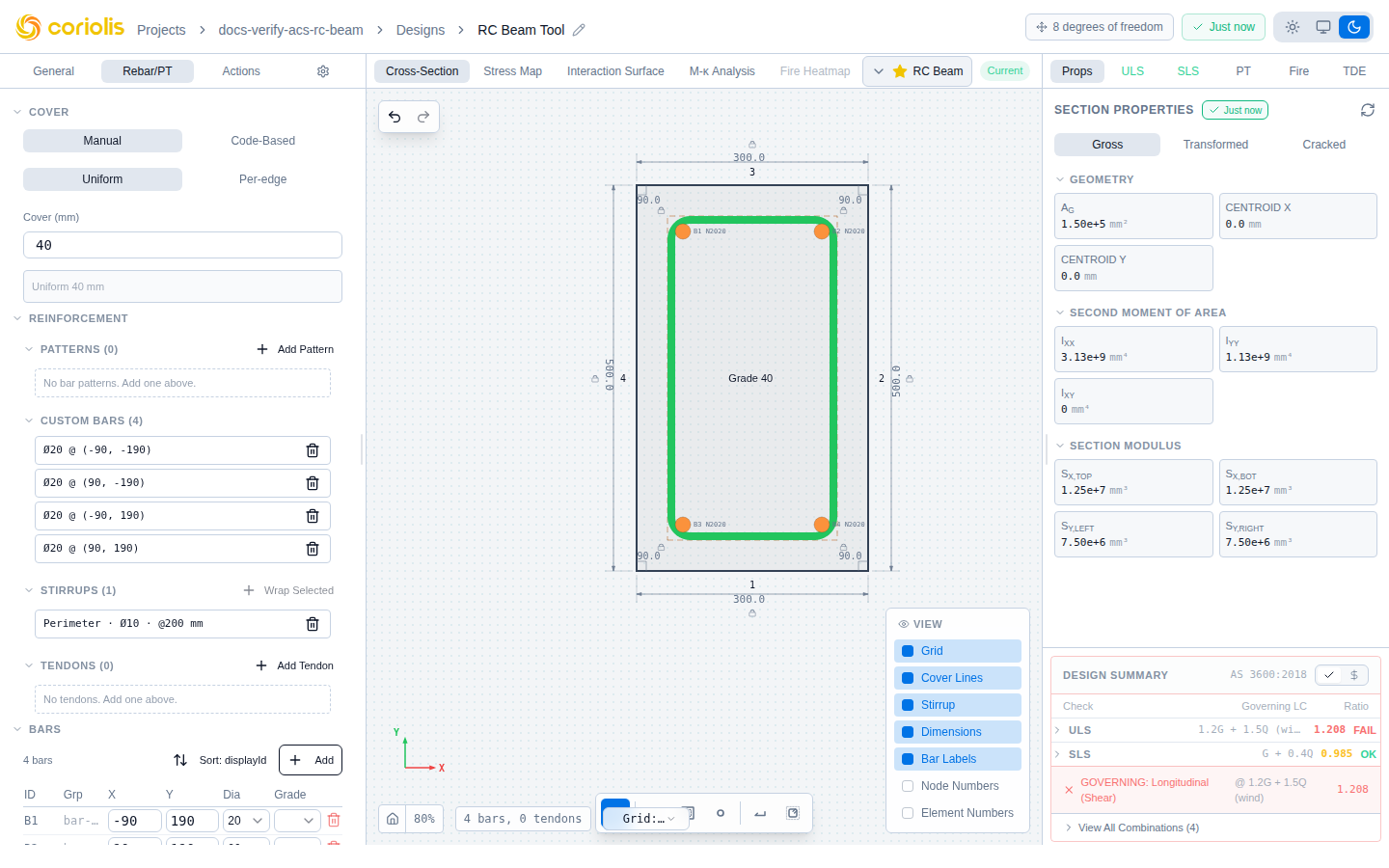 Section editor showing reinforcement layout used as input to the N-M interaction analysis