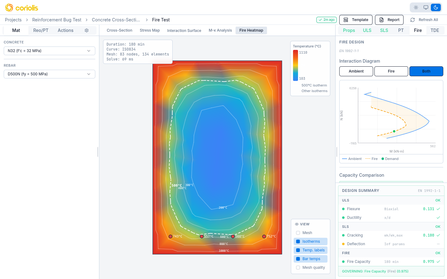 ACS concrete designer showing fire heatmap with thermal gradients, isotherms, and fire design interaction diagram