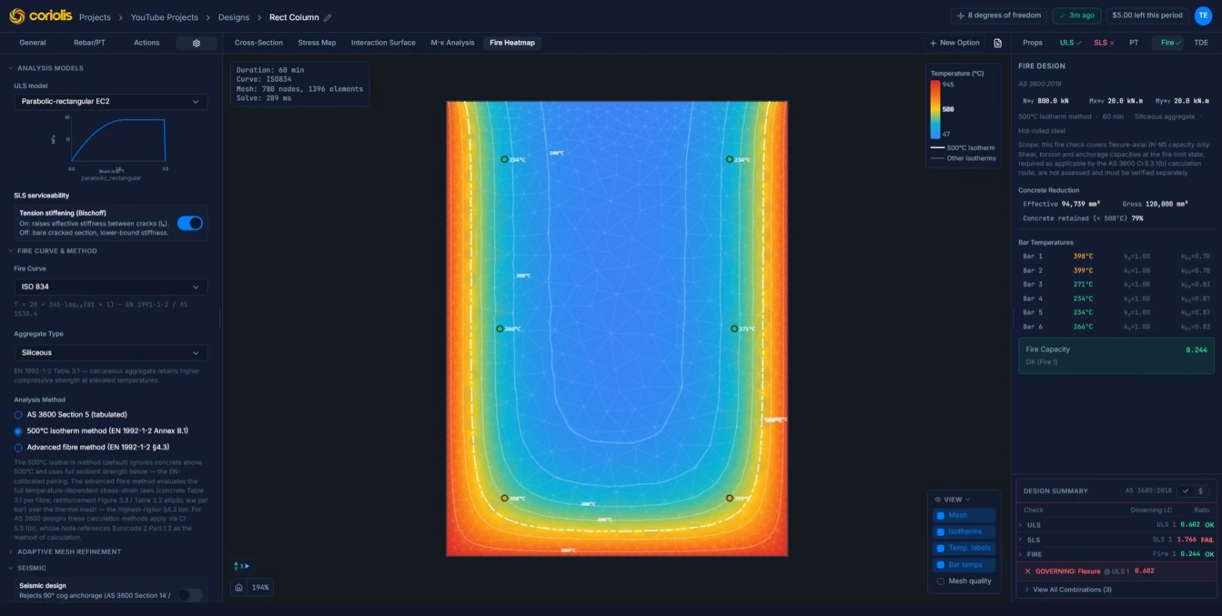 Coriolis Advanced Concrete Section — two-dimensional thermal mesh of the section under the ISO 834 fire curve, with temperature isotherms, the 500 degree Celsius isotherm and per-bar temperatures.
