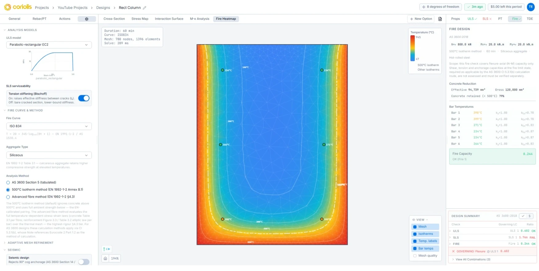 Coriolis Advanced Concrete Section — two-dimensional thermal mesh of the section under the ISO 834 fire curve, with temperature isotherms, the 500 degree Celsius isotherm and per-bar temperatures.