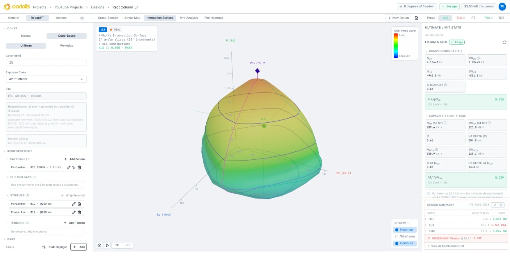 Coriolis Advanced Concrete Section — three-dimensional axial force and biaxial moment interaction surface sliced at 24 angles, with ULS and fire load combinations plotted against it.
