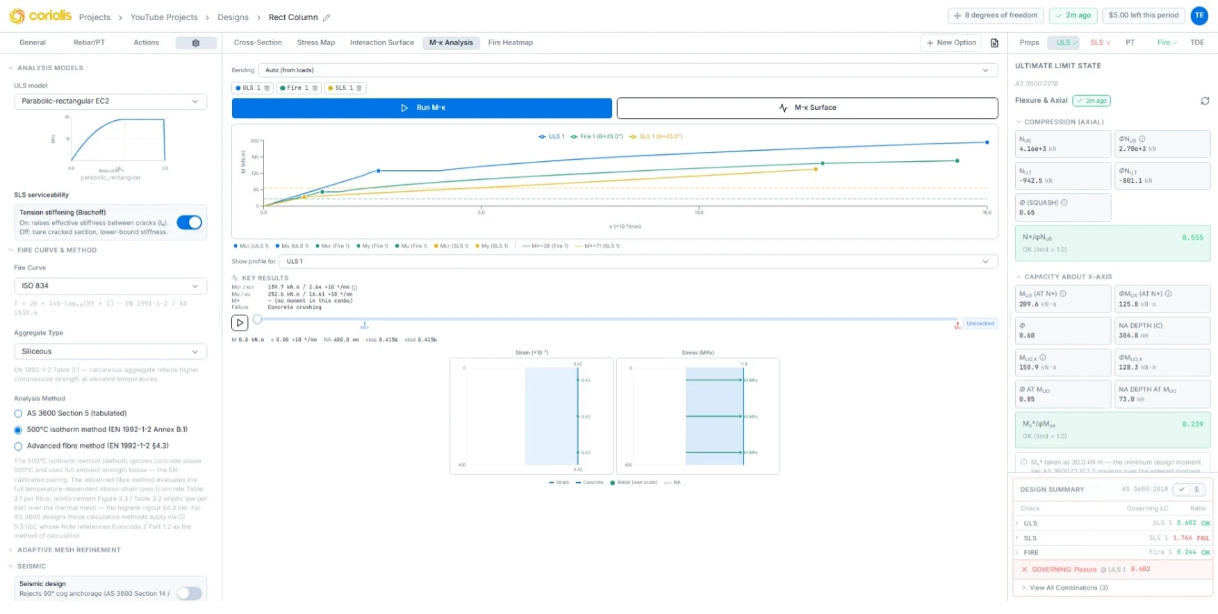 Coriolis Advanced Concrete Section — moment-curvature curves for the ultimate, fire and serviceability limit states, with the strain and stress profiles through the section depth.