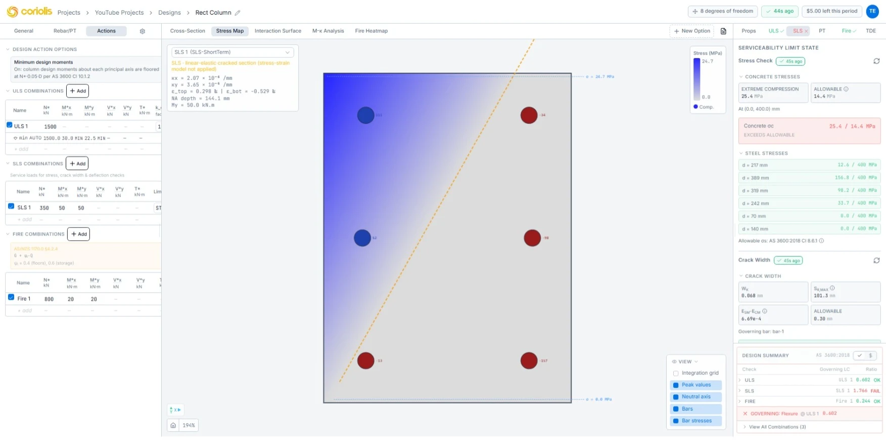 Coriolis Advanced Concrete Section — serviceability stress map of a cracked section, showing the concrete compression field, the neutral axis and per-bar steel stresses against the AS 3600:2018 allowables.