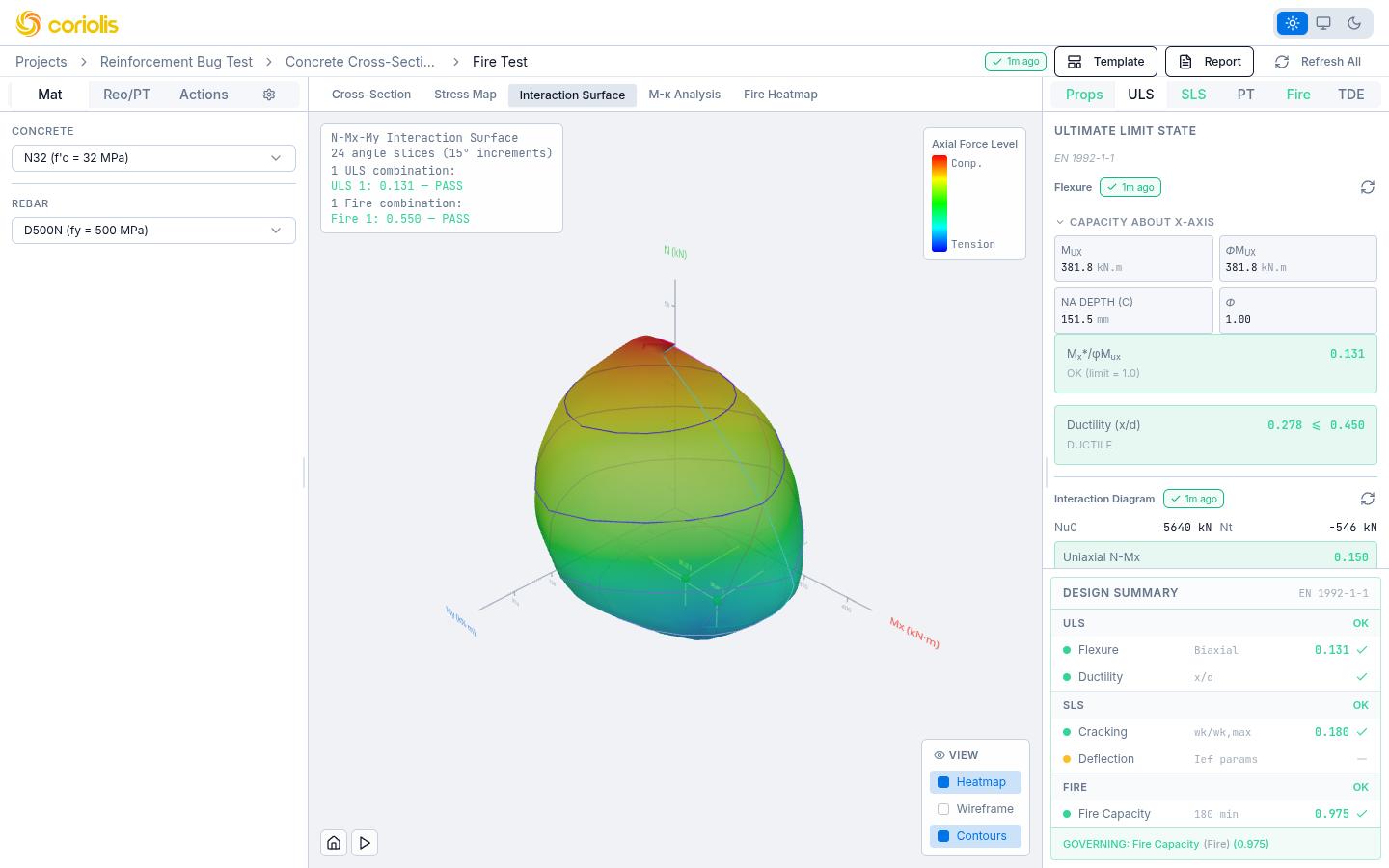 Coriolis Design — Advanced Concrete Section designer showing cross-section with reinforcement, ULS flexure results, and design summary