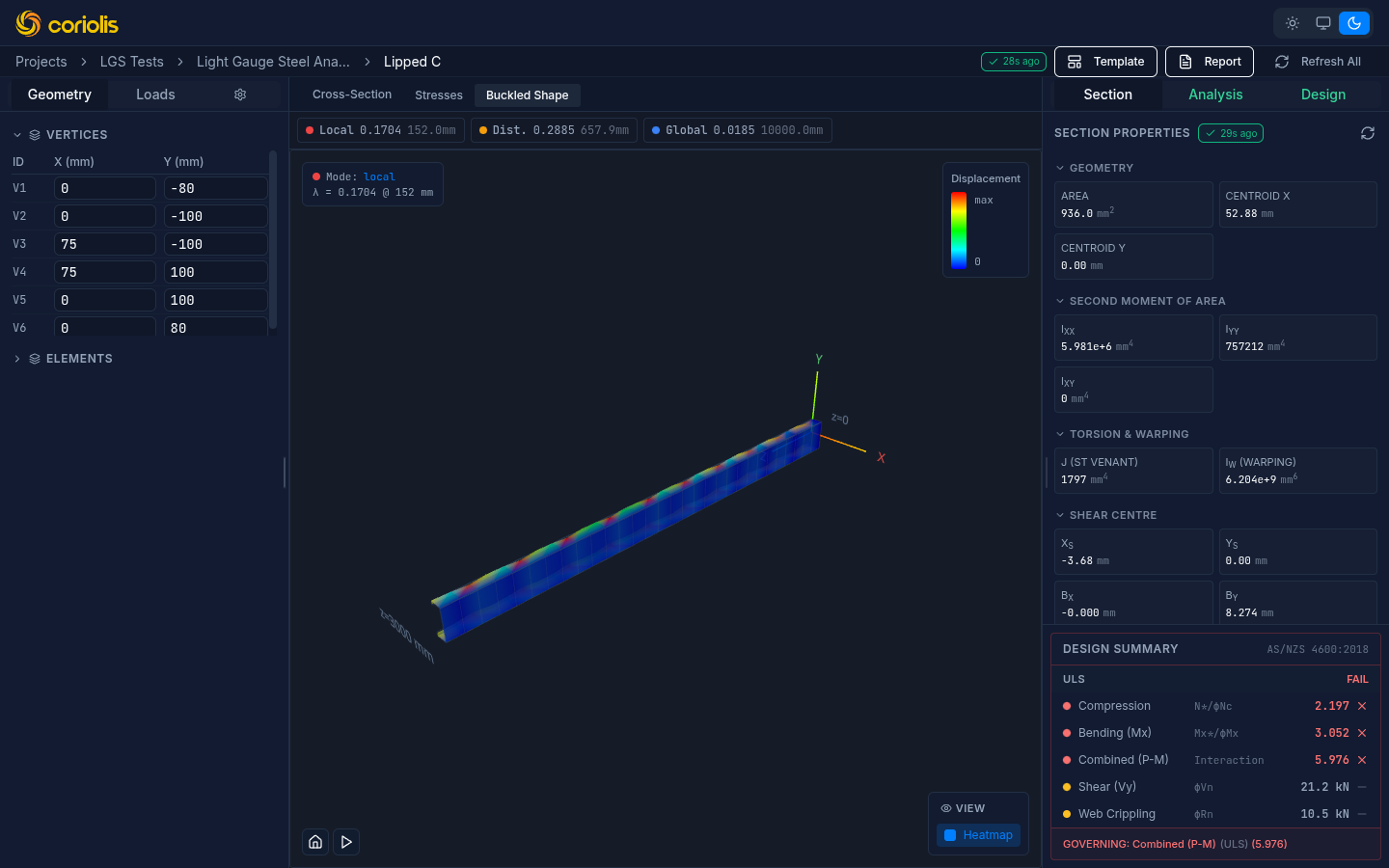 LGS analyzer showing 3D buckled shape of a lipped C section with displacement heatmap and design checks