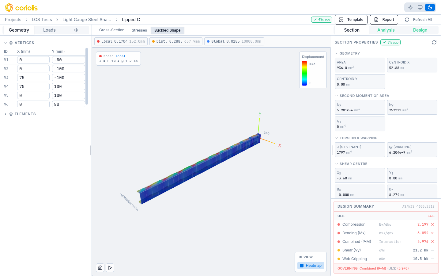 LGS analyzer showing 3D buckled shape of a lipped C section with displacement heatmap and design checks