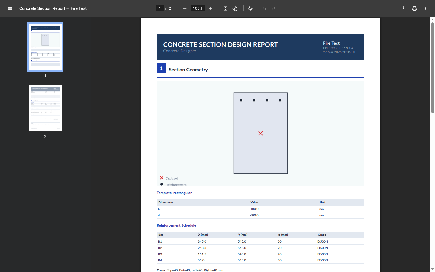 Professional PDF calculation report showing section geometry, reinforcement schedule, and code references