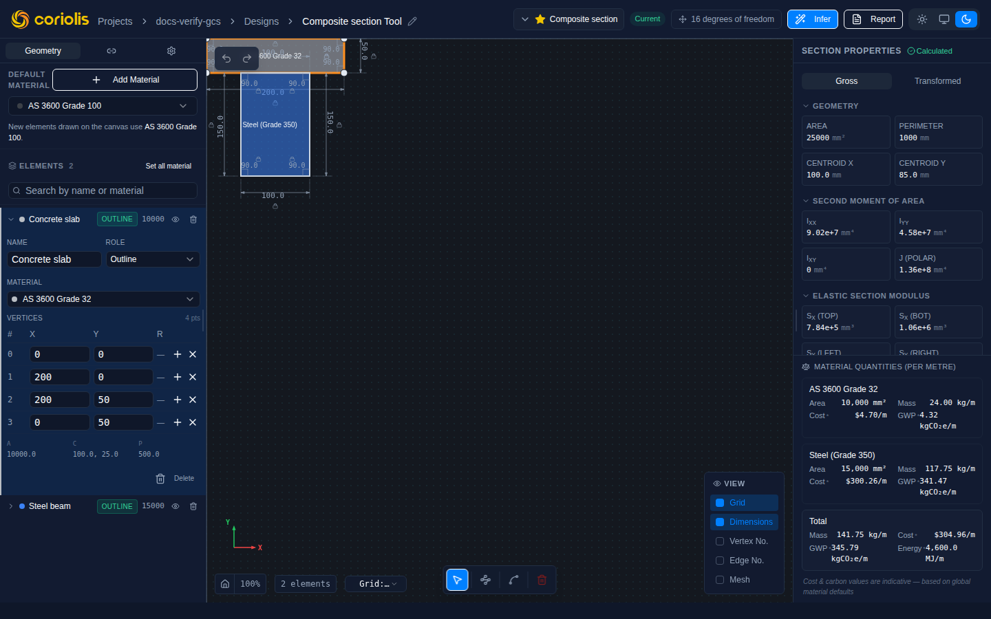 The first drawn region selected on the canvas — the Section Properties panel on the right shows the client-side preview for the section as drawn.