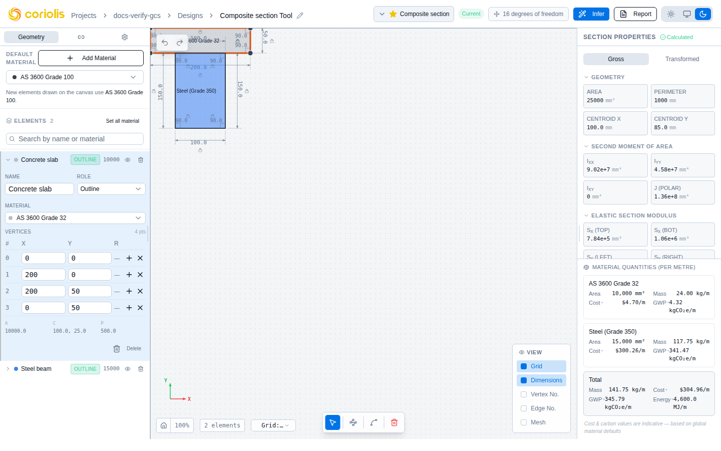 The first drawn region selected on the canvas — the Section Properties panel on the right shows the client-side preview for the section as drawn.