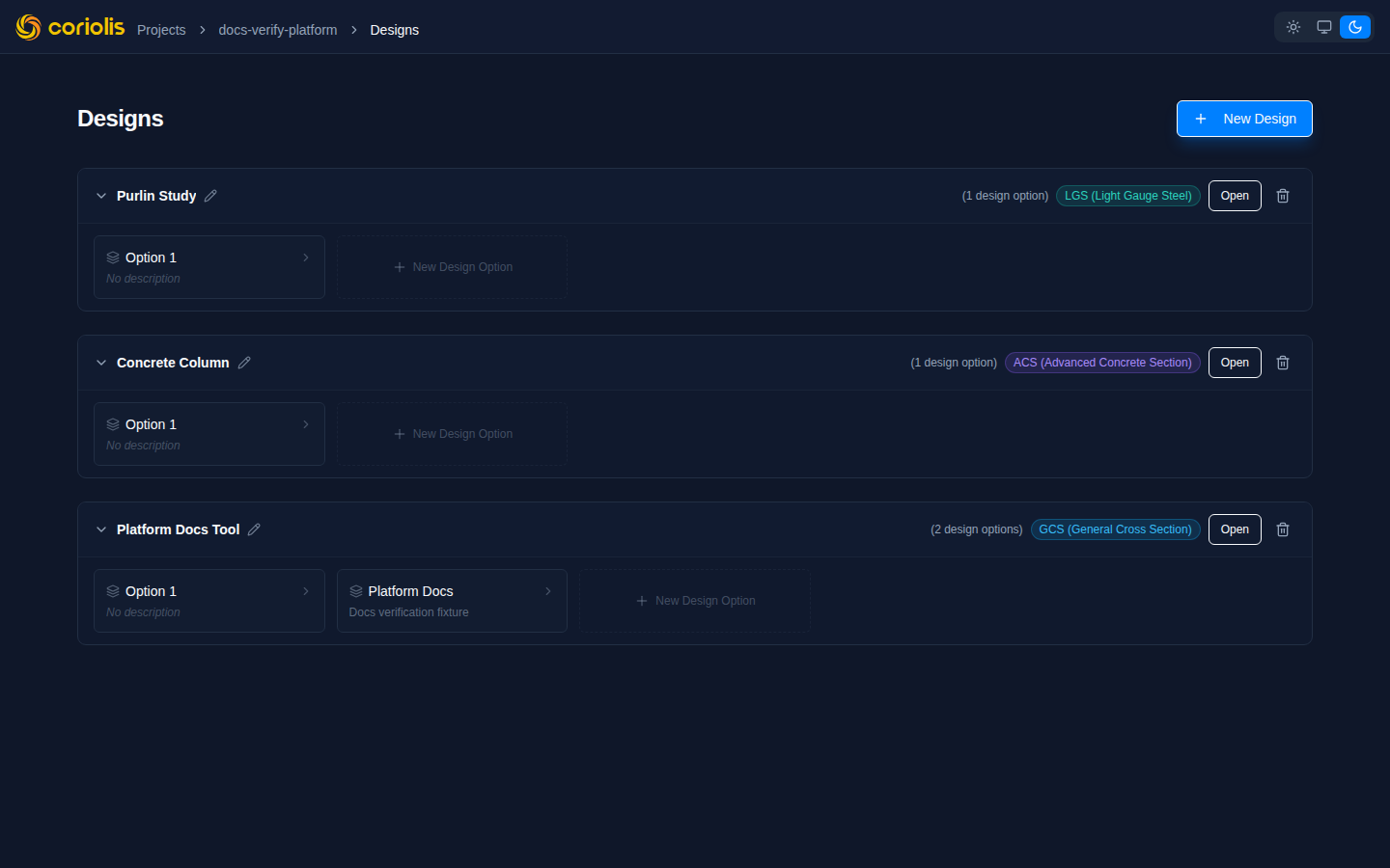 Project design grid showing GCS, ACS, and LGS tool instances with their colour-coded badges.