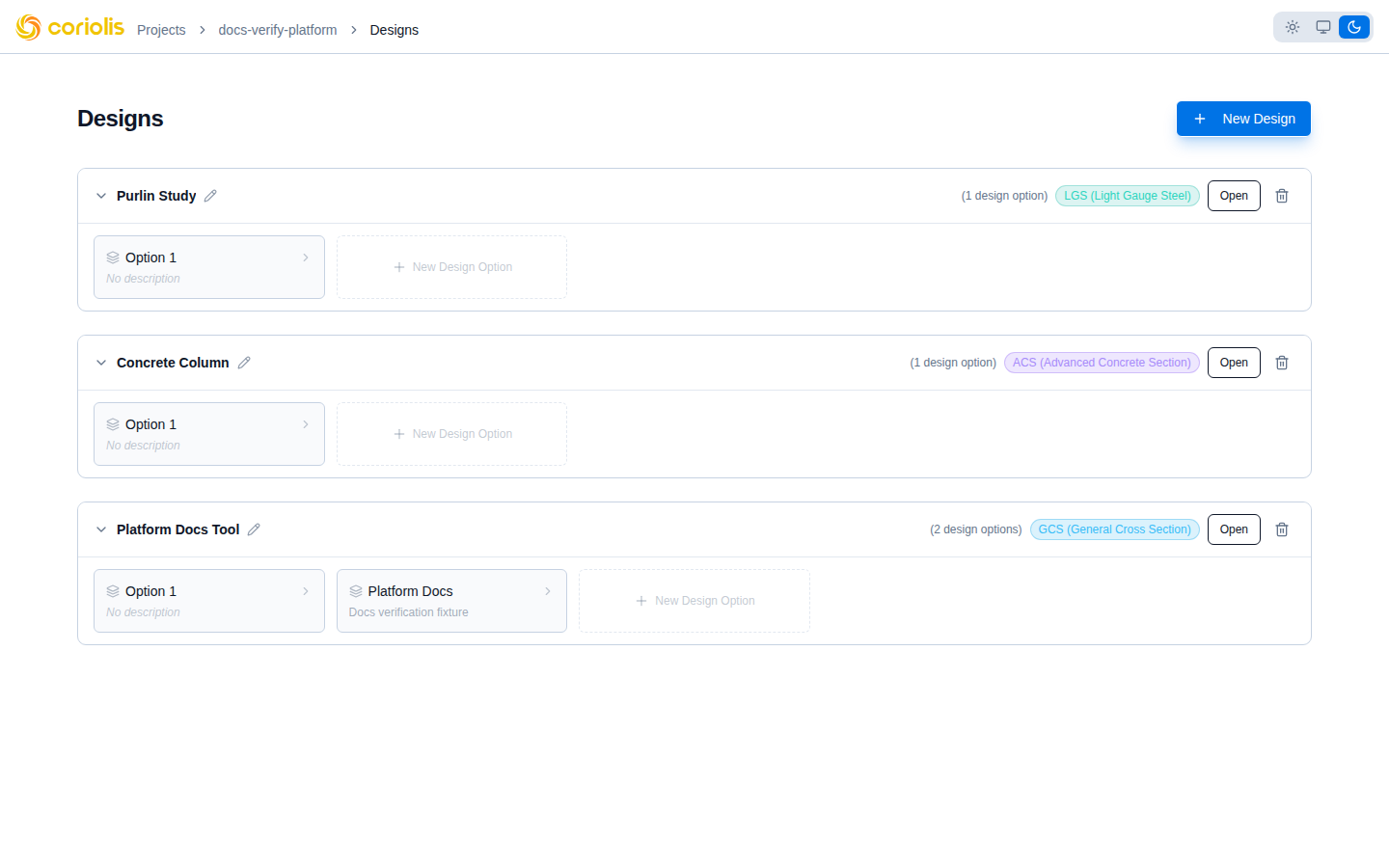 Project design grid showing GCS, ACS, and LGS tool instances with their colour-coded badges.