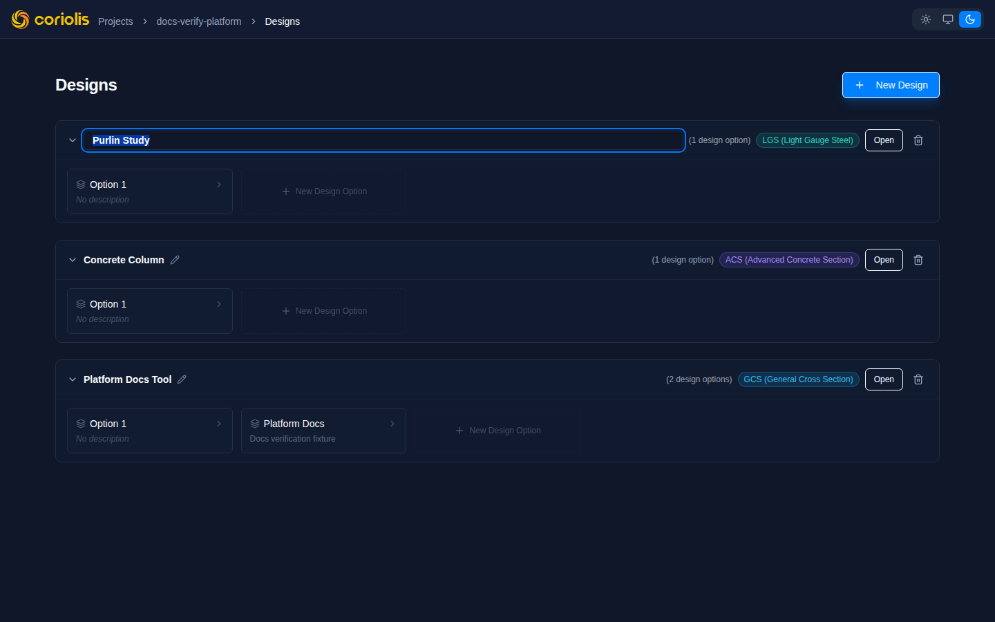 Inline rename active on a design card. The name field is editable in place.