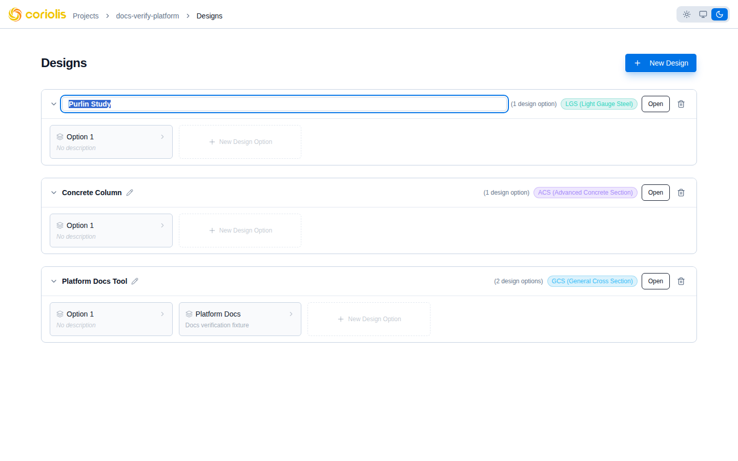 Inline rename active on a design card. The name field is editable in place.